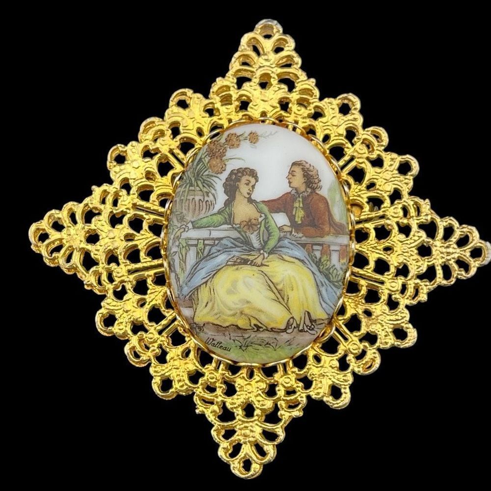 Victorian Revival Porcelain Courting Couple Brooch Gold Tone Open Work Filigree